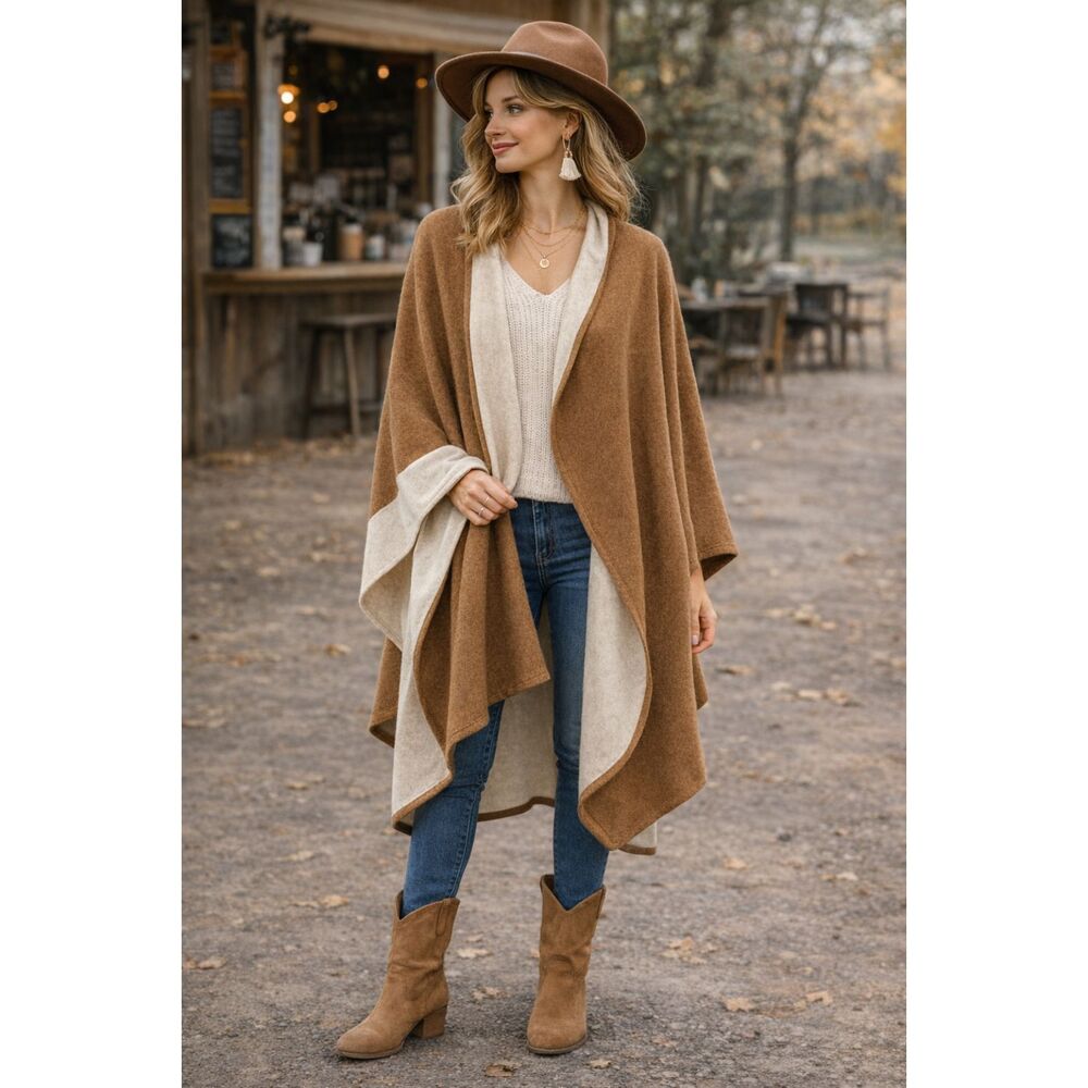 Reversible Shawl Wrap | Brown & Cream Blanket Cape | Cozy Fall Layering Piece